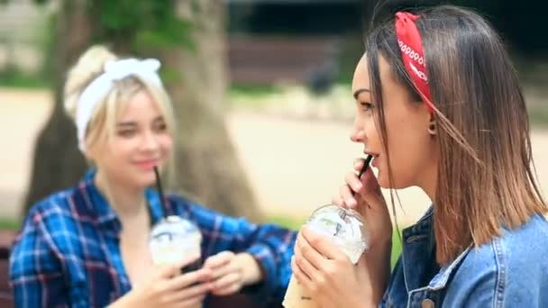 Deux amis s'assoient sur un banc dans le parc de la ville et boivent un milk-shake dans une tasse jetable — Video