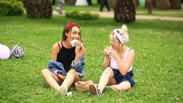 Twee vriendinnen eten hamburgers, Franse frietjes op een groen gazon in de stadstuin. fastfood — Stockvideo