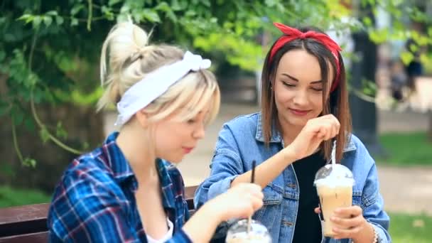 Twee vrienden zitten op een bankje in het stadspark en een milkshake drinken uit een disposable beker — Stockvideo