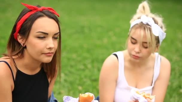 Két barátnő enni hamburgert, sült krumpli, a zöld gyep a városi kert. gyorsétterem — Stock videók