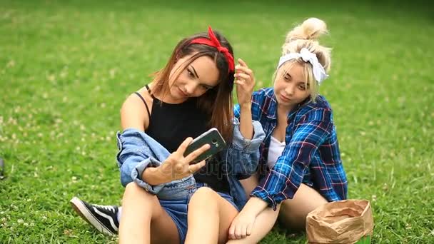 Две веселые милые подружки делают селфи по телефону, сидя на зеленой поляне городского парка — стоковое видео