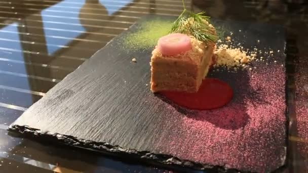 A dish of a gourmet restaurant. close-up. Pate from duck. — Stock Video