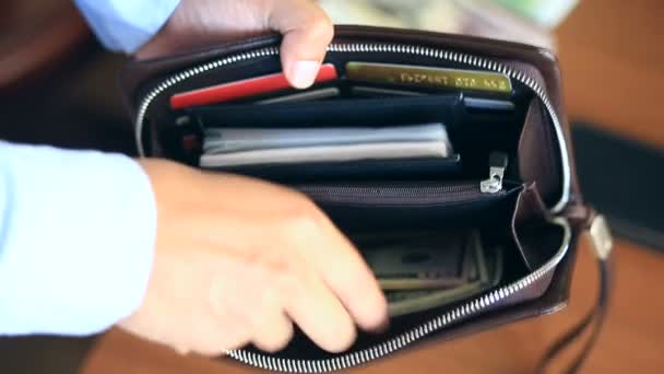 Мужские руки держат сумочку с долларами — стоковое видео