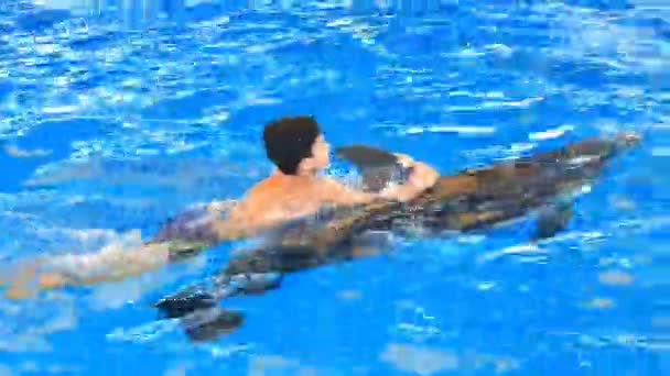 Дитя и дельфины. Мальчик-подросток плавает с дельфином, держащимся за плавники — стоковое видео