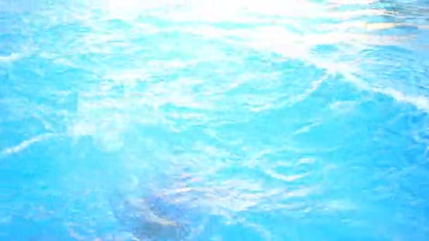 Ein Mann schwimmt unter Wasser in einem Becken mit blauem Wasser. Blick von oben. — Stockvideo