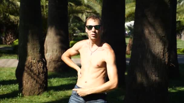 Genç, mutlu bir erkek çıplak bir gövde modern bale ve wacking bir yaz Park'ta dans ile. uyuşuk — Stok video