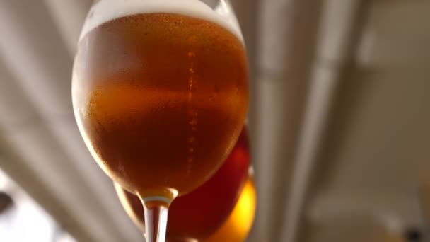 Copas de vino con alcohol de cerca. En cámara lenta. Degustación de cerveza — Vídeos de Stock