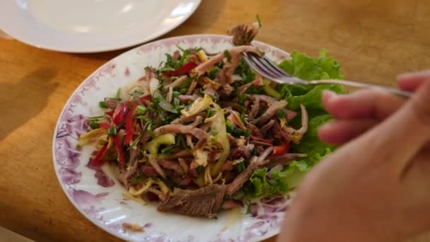 Quelqu'un mange de la salade de viande avec une fourchette et un couteau. Gros plan. Mouvement lent . — Video