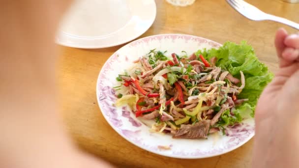 Someone eats meat salad with a fork and a knife. close-up. Slow motion. — Stock Video