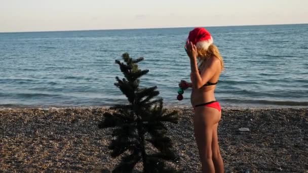 Ζευγάρι τύπος και το κορίτσι με το καπέλο santa χαιρέτησε την Πρωτοχρονιά και τα Χριστούγεννα στην παραλία. Να διακοσμήσει ένα χριστουγεννιάτικο δέντρο σε μια τροπική παραλία. Αργή κίνηση — Αρχείο Βίντεο
