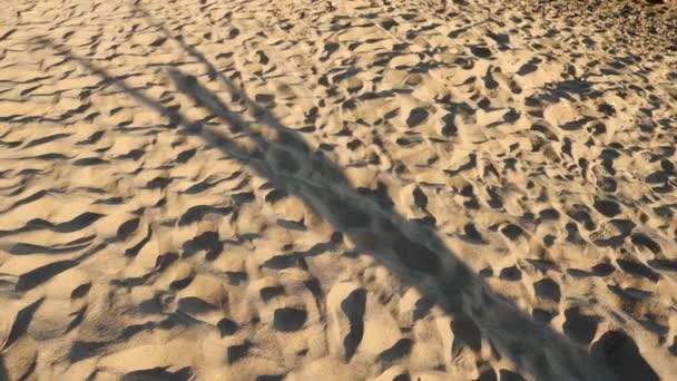Skugga i sanden på stranden faller från den dansande unge mannen. 4 k. slowmotion — Stockvideo