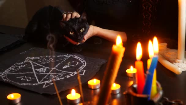 The witch is a fortune teller with candles close-up. A magical ritual with a black cat. Divination. Halloween, 4k, slow-motion — Stock Video