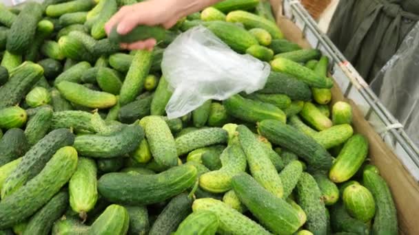 野菜の棚の上のスーパー マーケットの女性は、野菜や果物を買います。男は、キュウリを選択します。スローモーション、4 k — ストック動画