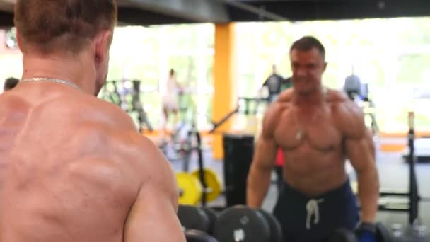 Der Bodybuilder engagiert sich im Fitnessstudio. 4k Zeitlupe — Stockvideo