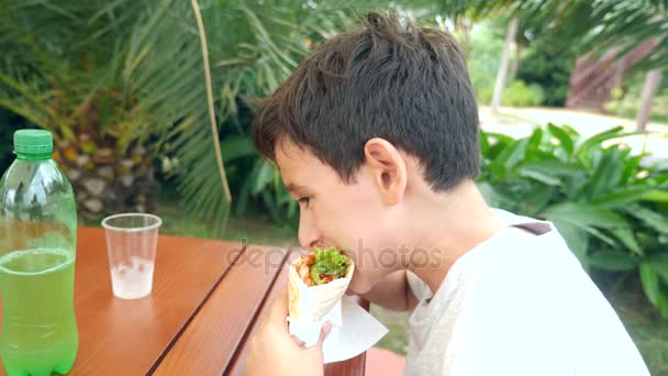 Ein attraktiver Junge isst ein frisches Fladenbrot mit einem Salat aus frischem Gemüse und Fleisch und sitzt in einem Fast-Food-Café unter einem Baum im Park. 4k, Zeitlupe — Stockvideo