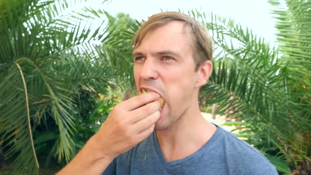 Un hombre atractivo come una pita de pan fresco con una ensalada de verduras frescas y carne, sentado en un café de comida rápida bajo un árbol en el parque. 4k, cámara lenta — Vídeos de Stock