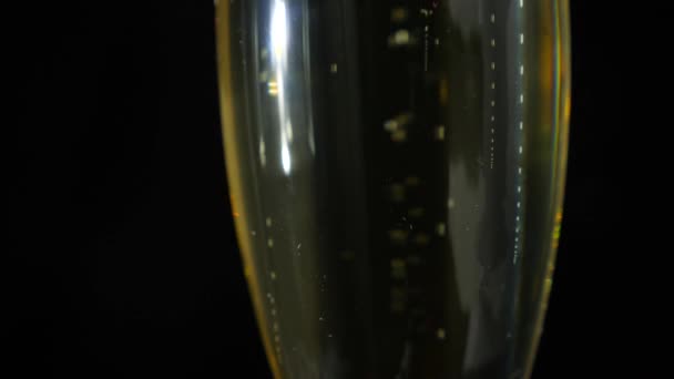 Nahaufnahme, schäumender Champagner in einem Glas auf schwarzem Hintergrund. 4k, Zeitlupe — Stockvideo