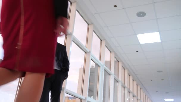 Man en vrouw in pakken staan en praten. Zakenman en zakenvrouw zijn in de office-corridor voor het raam. 4k, slow-motion — Stockvideo