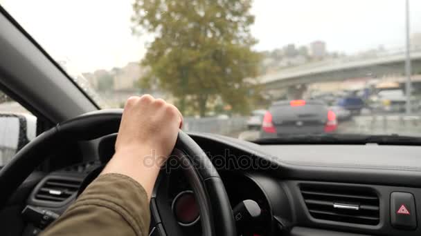 Närbild av händerna på ratten i en bil. solen sken. 4k, slowmotion. hösten, våren — Stockvideo