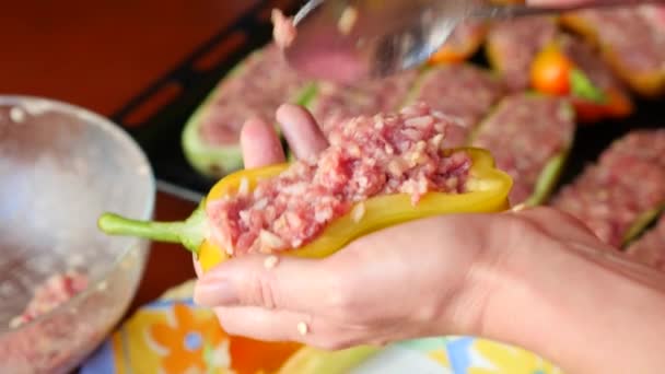 Mãos de mulheres preparando abobrinha recheada com carne picada e pimentas búlgaras. 4k, câmera lenta, close-up — Vídeo de Stock