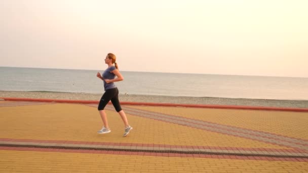 Road runner nő fut park, jogging palm grove mentén futó nő szabadban, Park, pálmafák, a töltésen, a nyáron. 4 k-lassú mozgás — Stock videók