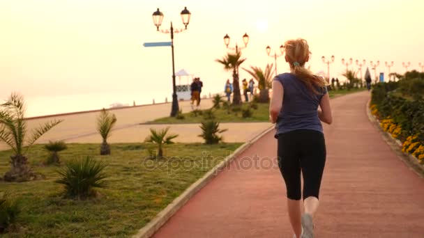 Дорожня жінка біжить в парку, біжить уздовж пальмового гаю, біжить жінка на відкритому повітрі, паркується з пальмами, набережної, літо. 4k повільний рух — стокове відео
