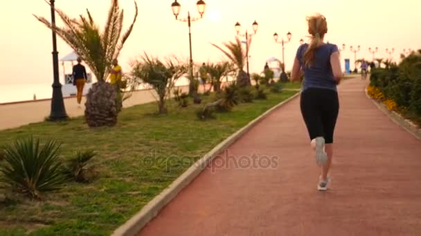 Corredor de camino mujer corriendo en el parque, trotando a lo largo del palmeral, corriendo mujer al aire libre, Parque con palmeras, terraplén, verano. 4k cámara lenta — Vídeo de stock