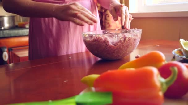 Mãos de mulheres preparando abobrinha recheada com carne picada e pimentas búlgaras. 4k, câmera lenta, close-up — Vídeo de Stock