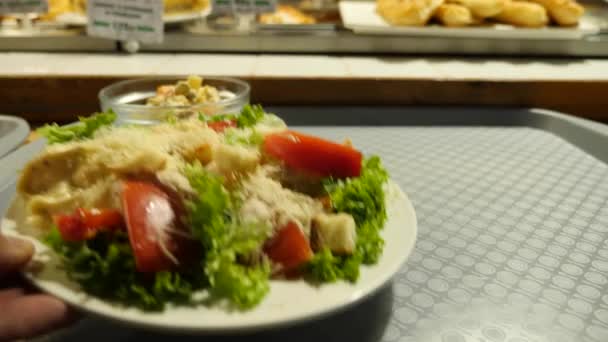 Naczynia z jedzeniem na tacy w restauracji samoobsługowej. 4 k. zbliżenie — Wideo stockowe