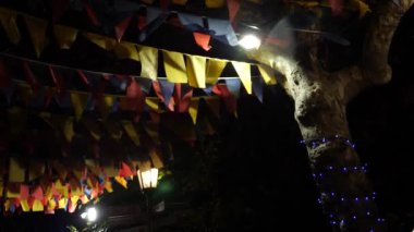 Garland gece gökyüzü arka planı renkli bayrak Rüzgar kanatları close-up. Kopya alanı 4k