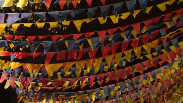 Primer plano de las aletas de viento de una guirnalda de banderas de colores sobre el fondo del cielo nocturno. Espacio de copia 4K — Vídeo de stock