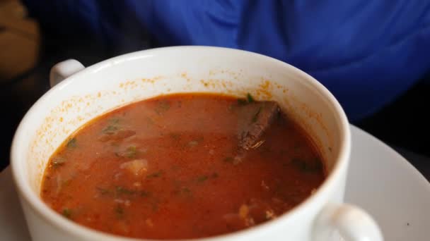 Primer plano de agitación en crema agria en borsch servido en la cafetería o restaurante. 4k, cámara lenta — Vídeo de stock