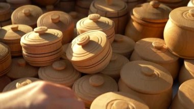 Ahşap mutfak eşyaları halk el sanatları Fuarı'nda. 4k, ağır çekim