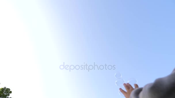 Metamorfoza dużych baniek mydlanych w zwolnionym tempie. Zbliżenie: piękne duże bańki mydlanej leci z nieba w słoneczny dzień. 4k. — Wideo stockowe