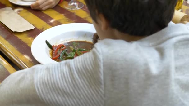 O menino come uma salada quente com carne e legumes com um garfo. restaurante, fundo borrado. 4k — Vídeo de Stock