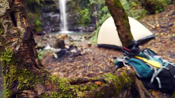 4k, au ralenti. femme touriste prépare des saucisses sur un mini grill dans une forêt près d'une cascade sur la rive d'une rivière de montagne — Video