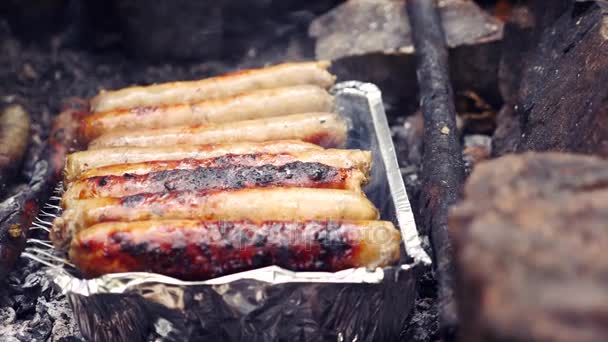 4k, au ralenti. le touriste cuisine des saucisses sur un mini grill dans la forêt. gros plan — Video