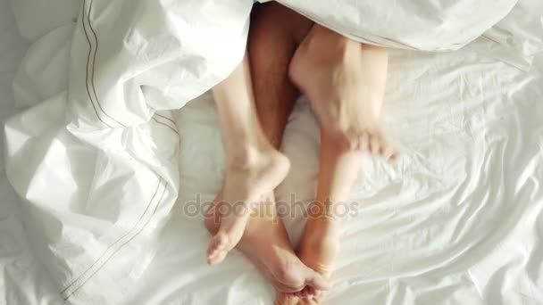 Couple au lit faisant l'amour. jambes mâles et femelles vue du dessus, draps blancs. sexe, 4k — Video