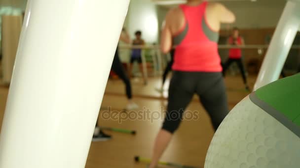 Clase de fitness en el gimnasio. las mujeres se dedican al entrenamiento de poder. entrenamiento en grupo. Borroso. 4k, personas irreconocibles — Vídeo de stock