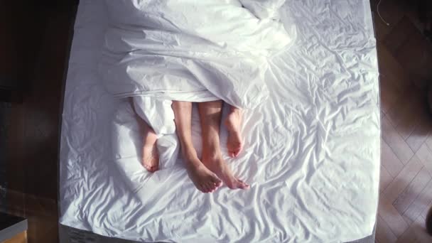 Couple au lit faisant l'amour. jambes mâles et femelles vue du dessus, draps blancs. sexe, 4k — Video
