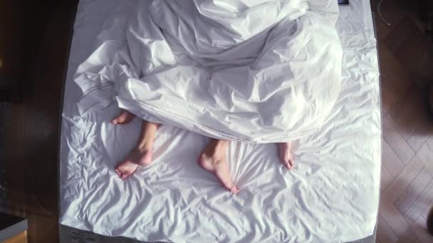 Couple au lit faisant l'amour. jambes mâles et femelles vue du dessus, draps blancs. sexe, 4k — Video