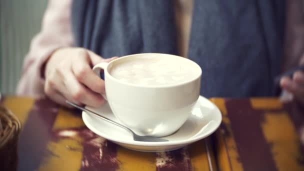 Uma menina está sentada em um café com uma xícara de café quente e marshmallows. usa o smartphone dele. 4K. borrão de fundo, bokeh — Vídeo de Stock
