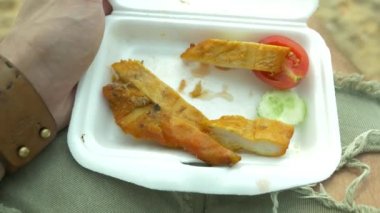 lezzetli kızarmış tavuk Barbekü, bir kap içinde Tay street gıda Tayland Mutfağı tarzı, birisi sahilde bir tavuk yiyor. 4k, ağır çekim