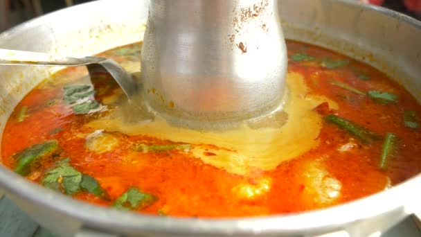 Cocinar sopa tailandesa Tom Yam, 4k, cámara lenta — Vídeos de Stock
