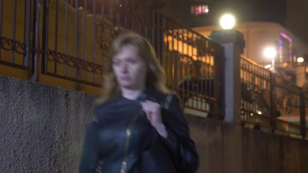 Un voleur, menace une femme et prend son sac, dans une ruelle sombre. la nuit — Video