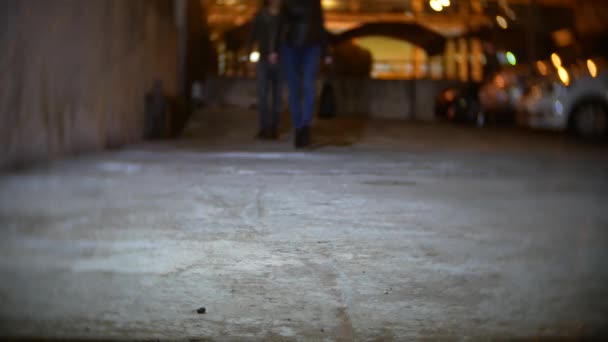 Un ladrón, amenaza a una mujer y toma su bolso, en un callejón oscuro. por la noche — Vídeo de stock