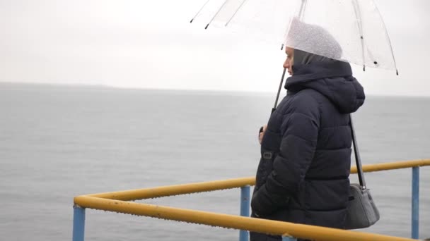 Une femme sous un parapluie au bord de la mer sous la pluie, 4k un jour pluvieux, jour d'automne — Video