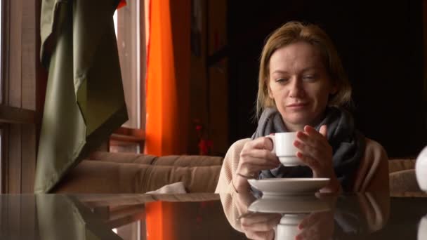 Jovem mulher bebendo chá no café perto da janela com vista para o mar. Uma mulher com um cachecol e uma camisola bebe chá e bebe um café. 4k — Vídeo de Stock