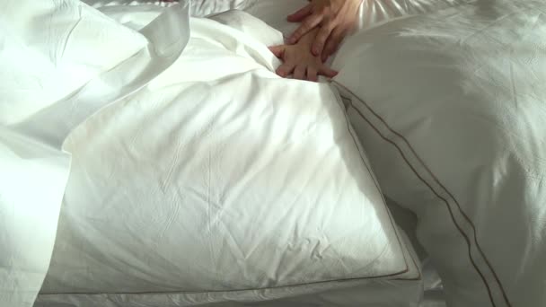 Hands of couple making love. Man and woman having sex. 4k, top view — Stock Video