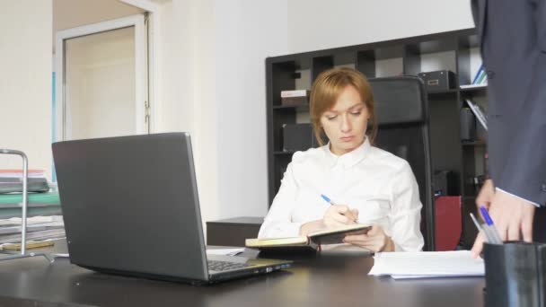 Hombre y mujer en trajes estrictos en el trabajo en el ordenador portátil, documentos, discusión en la oficina. 4k . — Vídeo de stock